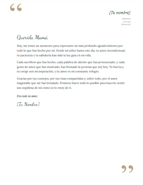 Carta de Agradecimiento para una Madre: diseño Comillas
