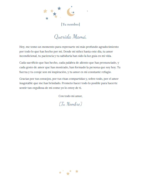 Carta de Agradecimiento para una Madre: diseño Luna y estrellas