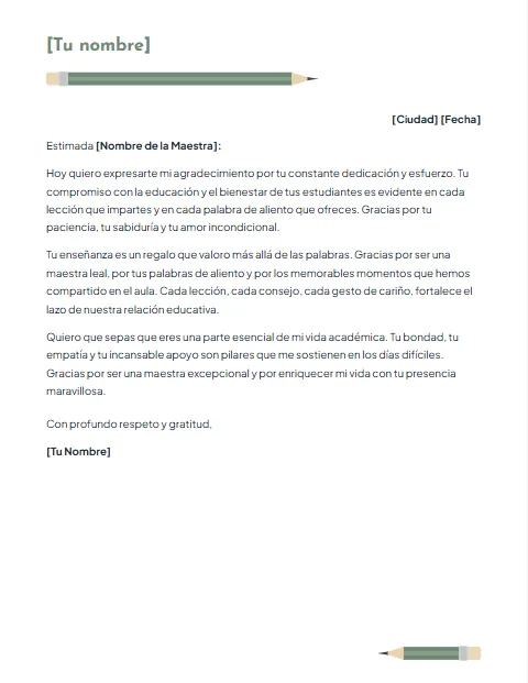 Formato de carta de agradecimiento a una maestra para descargar en Word