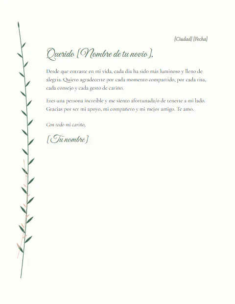 Carta de Agradecimiento a mi Novio: diseño Botánico