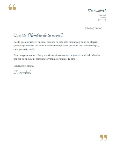 Carta de Agradecimiento a mi Novio: diseño Comillas