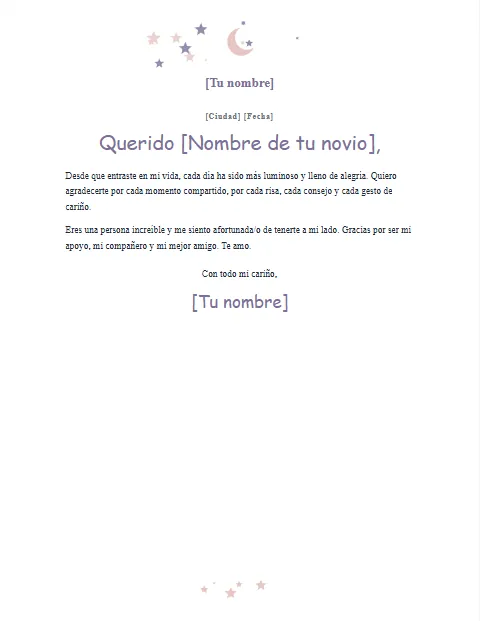 Carta de Agradecimiento a mi Novio: diseño Luna y estrellas