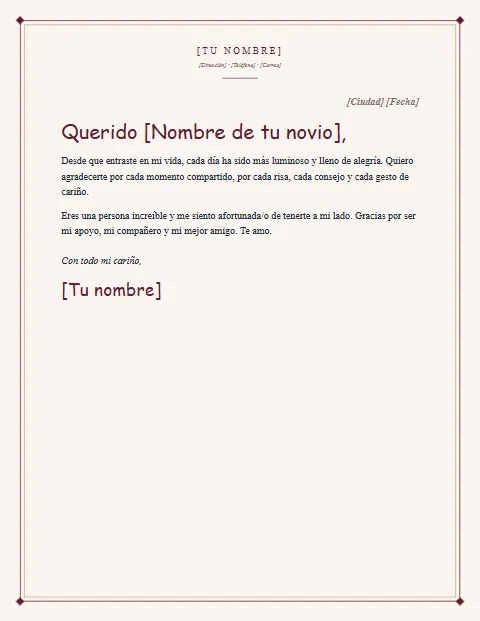 Carta de Agradecimiento a mi Novio: diseño Papel crema