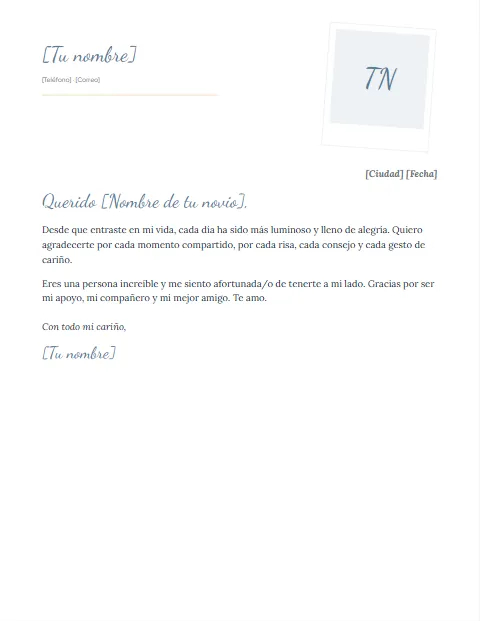 Carta de Agradecimiento a mi Novio: diseño Polaroid