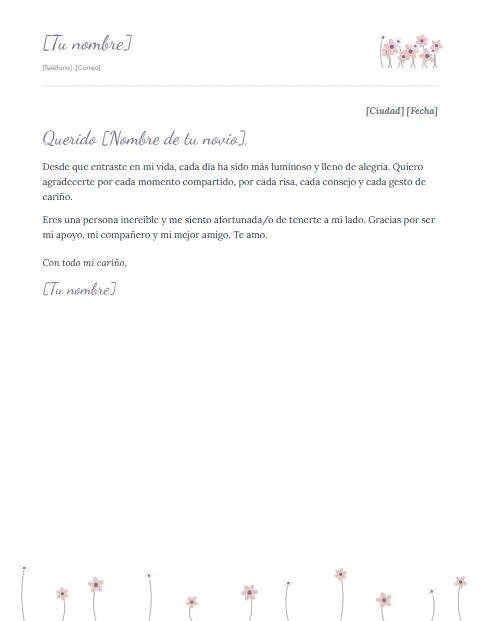 Carta de Agradecimiento a mi Novio: diseño Pradera