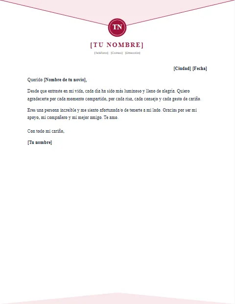 Formato de carta de agradecimiento a mi novio para descargar en Word