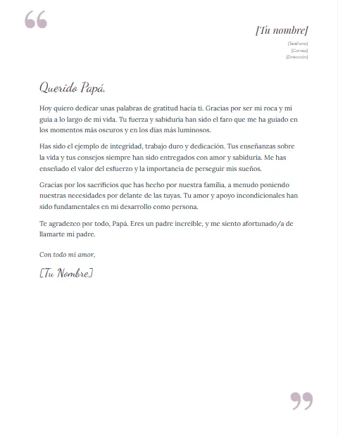 Carta de Agradecimiento para un Padre: diseño Comillas