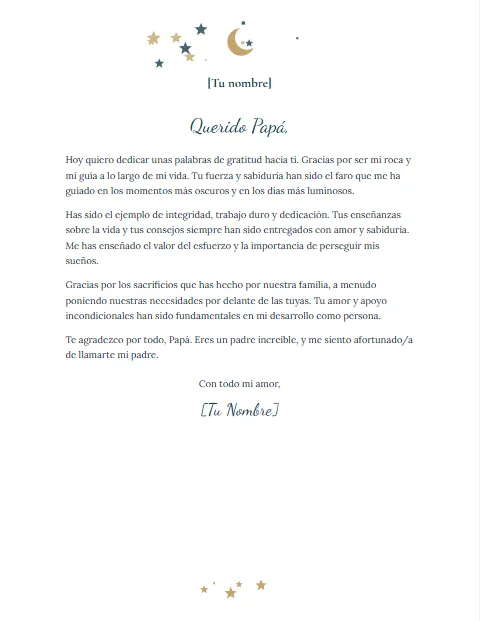 Carta de Agradecimiento para un Padre: diseño Luna y estrellas