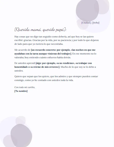Formato de carta de agradecimiento a mis padres para descargar en Word