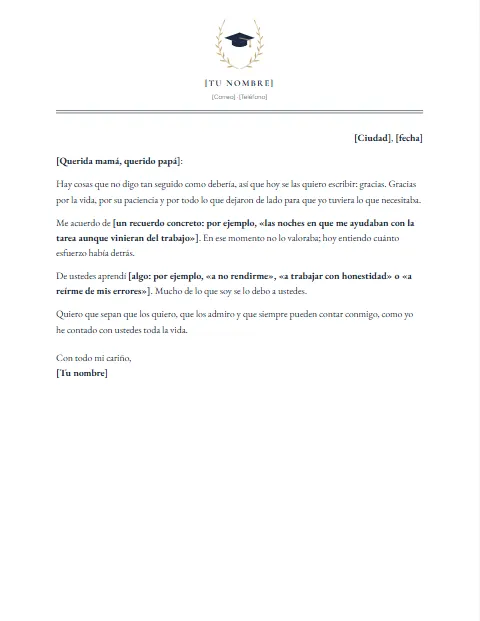 Carta de Agradecimiento a mis Padres: diseño Birrete