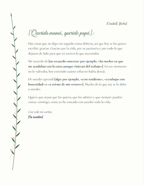 Carta de Agradecimiento a mis Padres: diseño Botánico