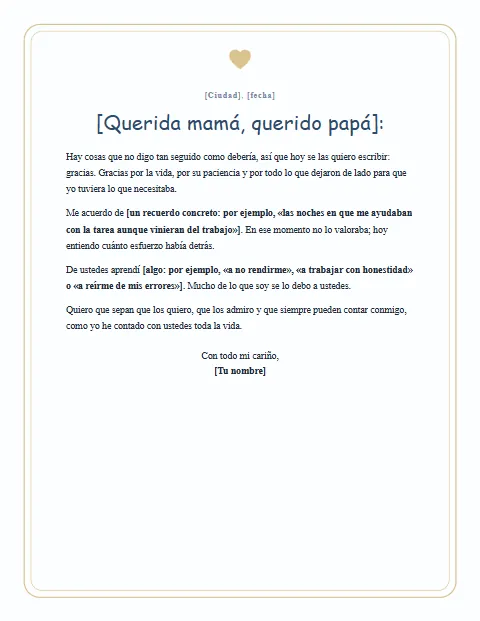 Carta de Agradecimiento a mis Padres: diseño Cariño