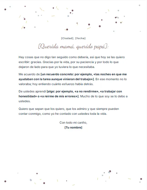 Carta de Agradecimiento a mis Padres: diseño Celebración