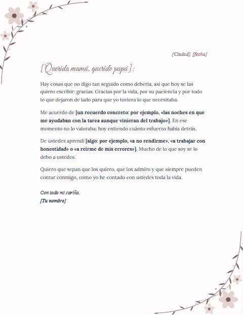 Carta de Agradecimiento a mis Padres: diseño Floral