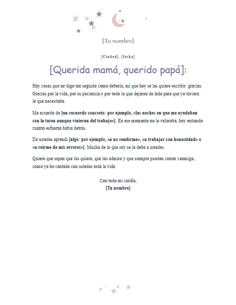 Carta de Agradecimiento a mis Padres: diseño Luna y estrellas