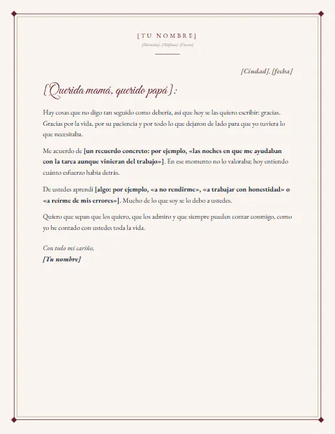 Carta de Agradecimiento a mis Padres: diseño Papel crema