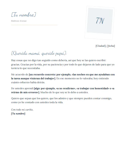 Carta de Agradecimiento a mis Padres: diseño Polaroid