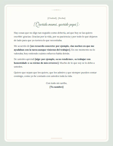 Carta de Agradecimiento a mis Padres: diseño Postal
