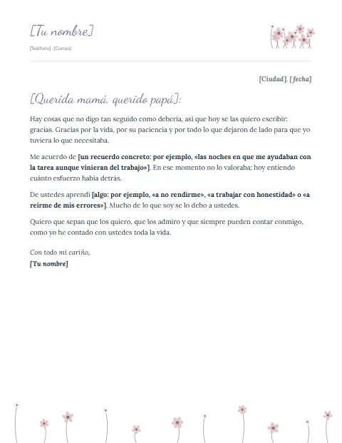 Carta de Agradecimiento a mis Padres: diseño Pradera