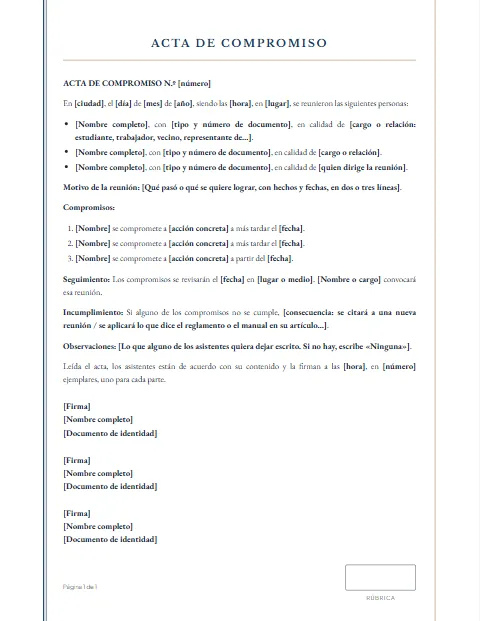 Formato de acta de compromiso para descargar en Word