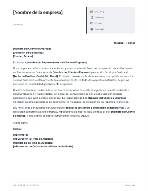 Formato de carta de compromiso de auditoría para descargar en Word