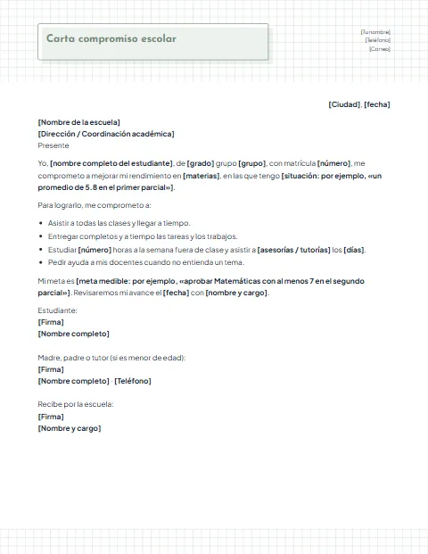 Carta de Compromiso Escolar: diseño Cuadriculado
