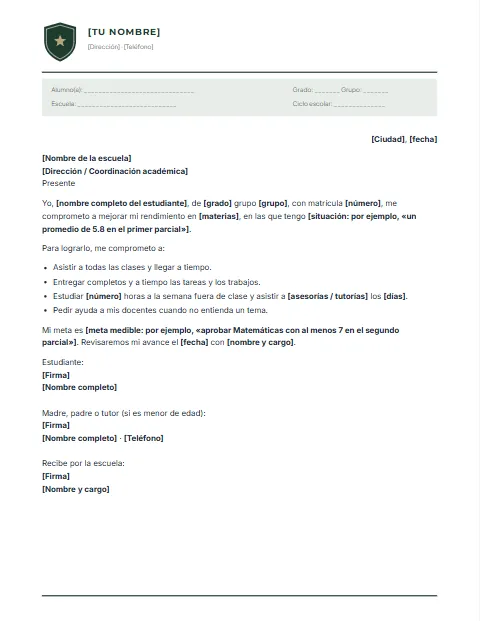 Formato de carta de compromiso escolar para descargar en Word