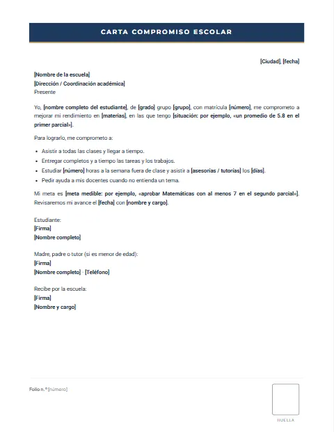 Carta de Compromiso Escolar: diseño Formato con huella