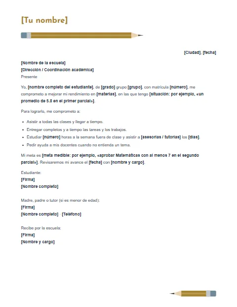 Carta de Compromiso Escolar: diseño Lápices