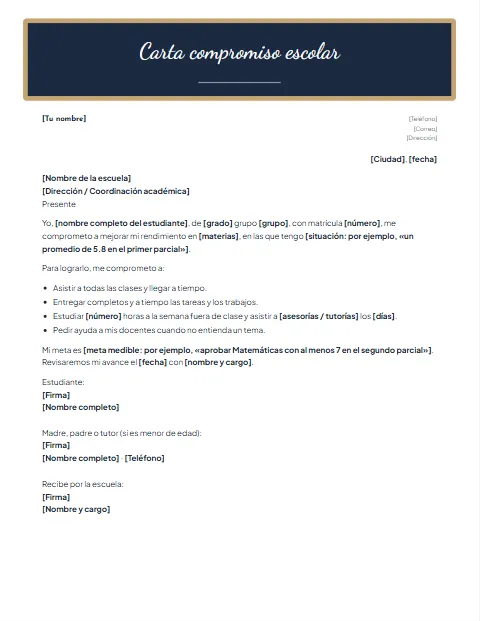 Carta de Compromiso Escolar: diseño Pizarra