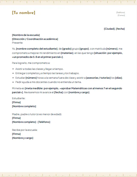 Carta de Compromiso Escolar: diseño Regla