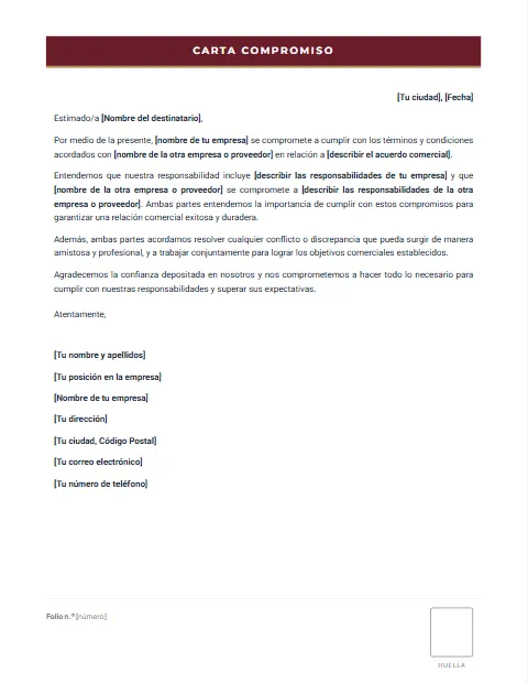 Formato carta de compromiso para descargar en Word