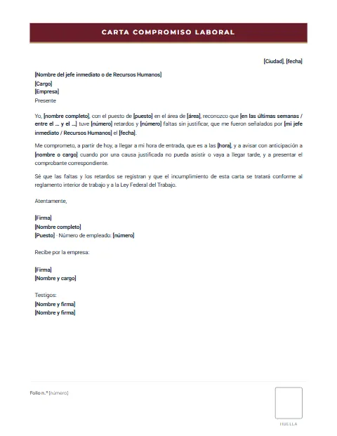 Carta de Compromiso Laboral: diseño Formato con huella