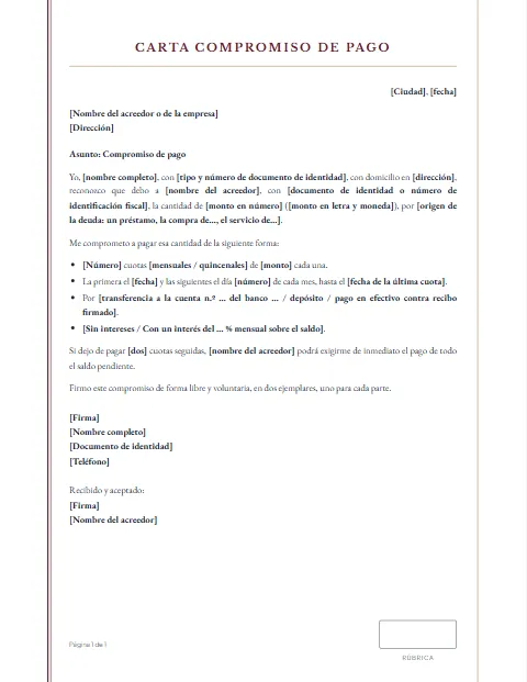 Carta de Compromiso de Pago: diseño Acta