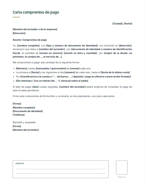 Carta de Compromiso de Pago: diseño Con anexos