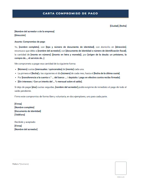 Carta de Compromiso de Pago: diseño Formato con huella