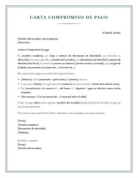 Carta de Compromiso de Pago: diseño Notarial