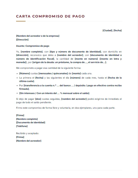 Formato de carta de compromiso de pago para descargar en Word