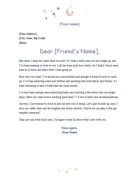 Informal Letter Templates: Moon and stars design