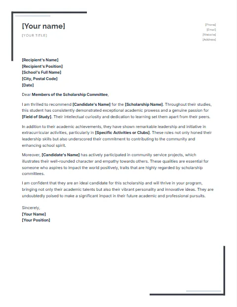 Letter of recommendation template, download for free
