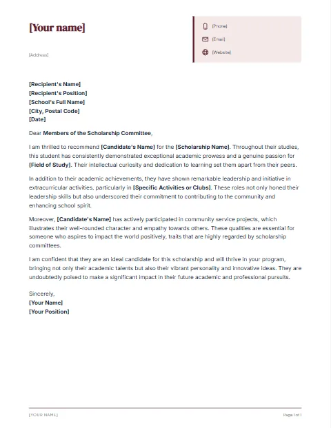 Letter of Recommendation Template 1: Details card design