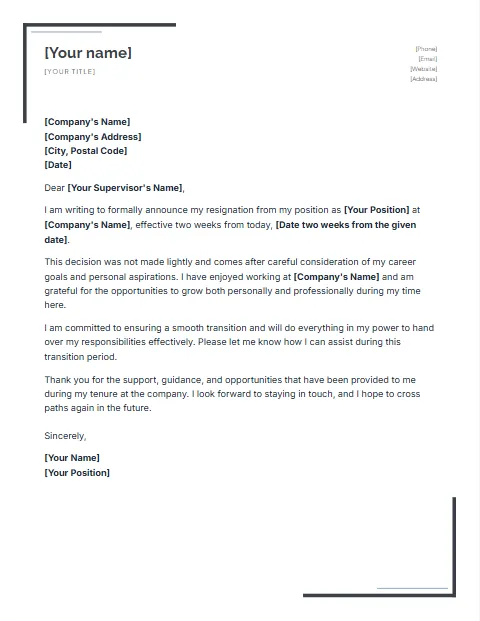 Resignation Letter Temaplate: Corner brackets design