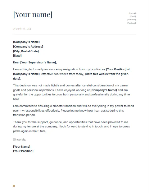 Resignation letter temaplate, download word