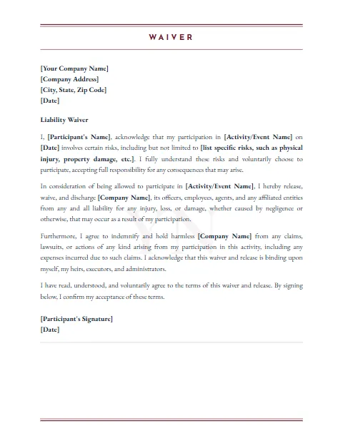 Liability Waiver Template: Watermark design