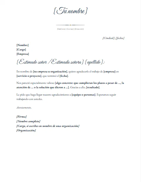 Carta de Agradecimiento Formal: diseño Nombre en firma