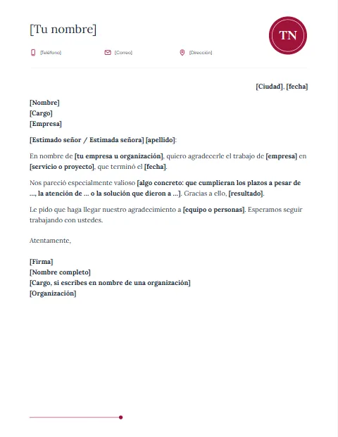 Formato de Carta de Agradecimiento Formal para descargar en Word