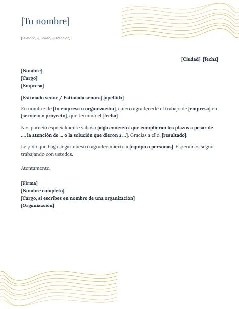Carta de Agradecimiento Formal: diseño Ondas doradas