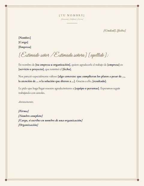Carta de Agradecimiento Formal: diseño Papel crema