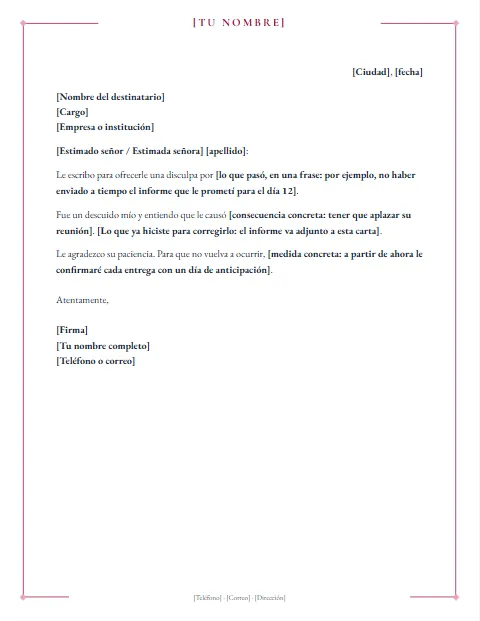 Carta de Disculpa Formal: diseño Marco fino
