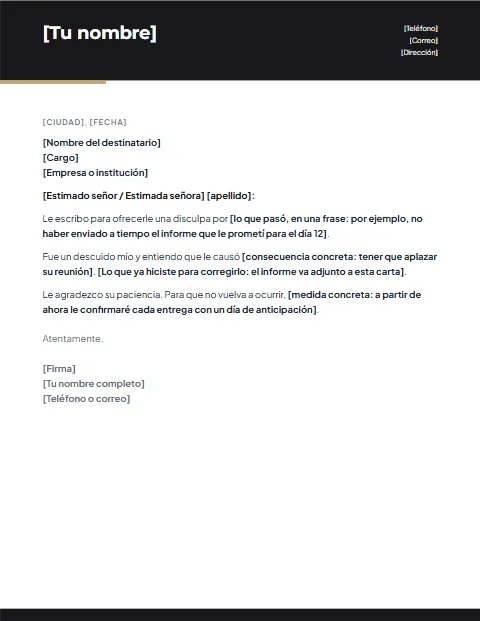 Carta de Disculpa Formal: diseño Moderno
